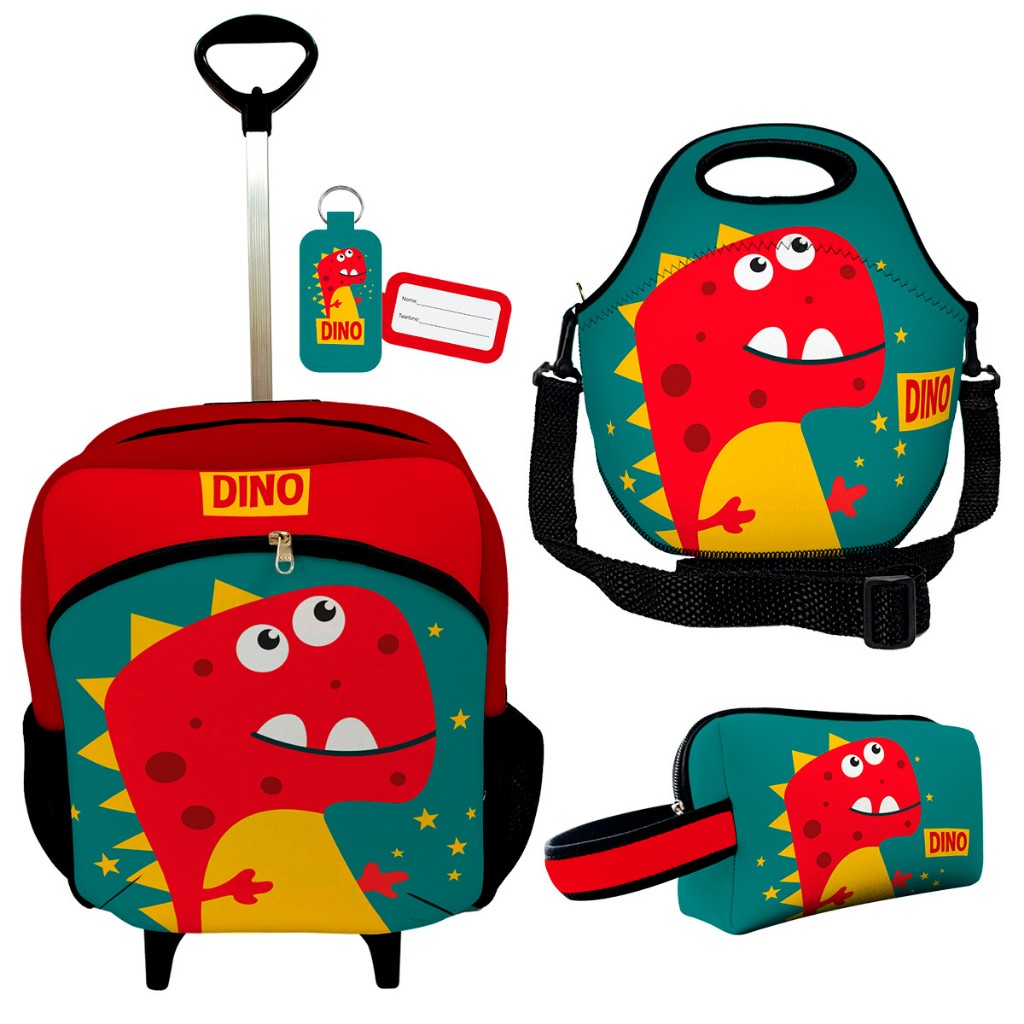 Kit Escolar com Mochila de Rodinhas Infantil + Lancheira Térmica + Estojo Dino Stars