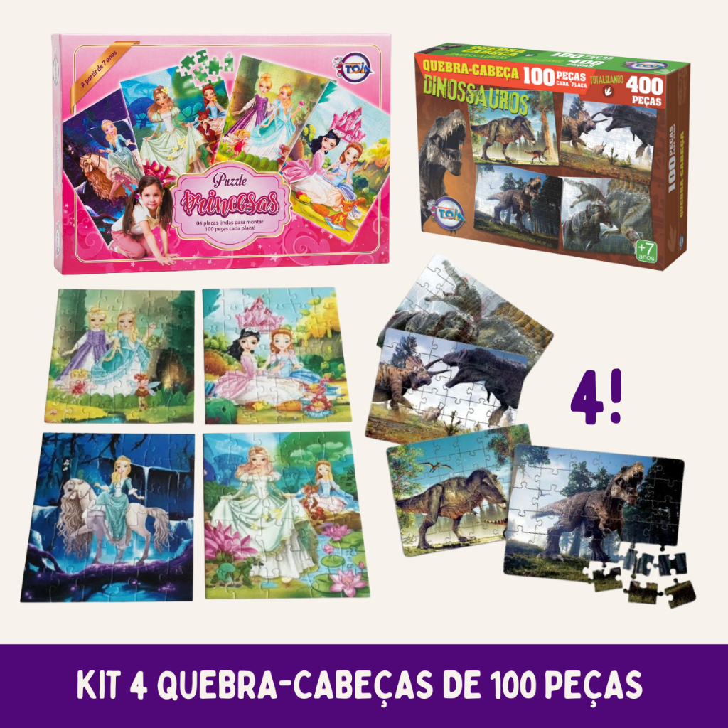Kit 4 Quebra Cabeças 100 peças Educativo Infantil Toia