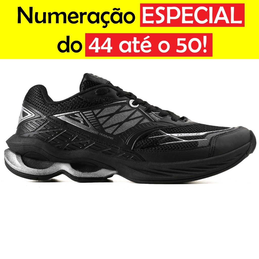 TÊNIS MASCULINO ESPORTIVO AMORTECEDOR TAMANHO ESPECIAL 44 45 46 47 48 COR PRETO