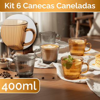 Conjunto Jogo Kit 6 Canecas Xícara Canelada De Vidro 400ml Chá Café Listrada em Oferta na Shopee