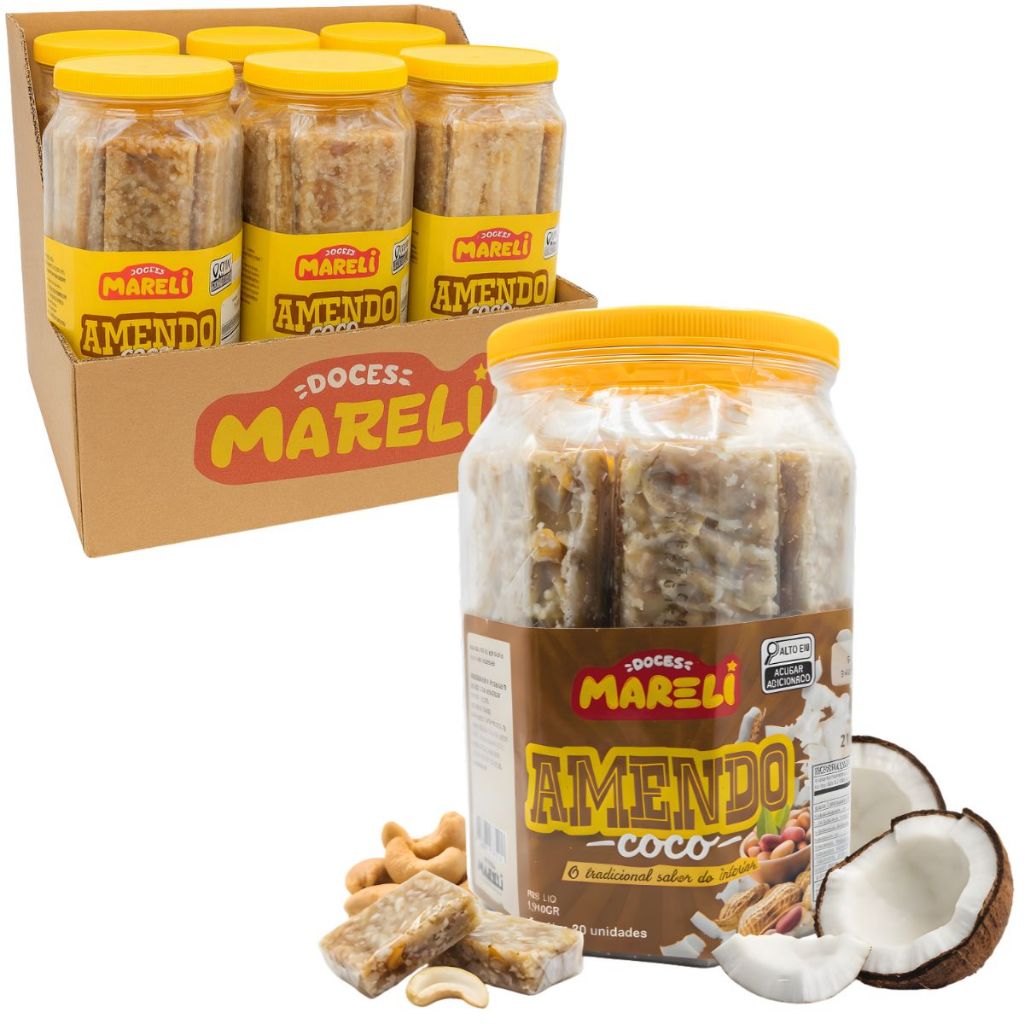 Kit 6 Potes Doce Amendococo Pacoca Caseira Amendoim Coco Cocada Gibi Tradicional Festas Eventos Doces Mareli 20un - 1Kg