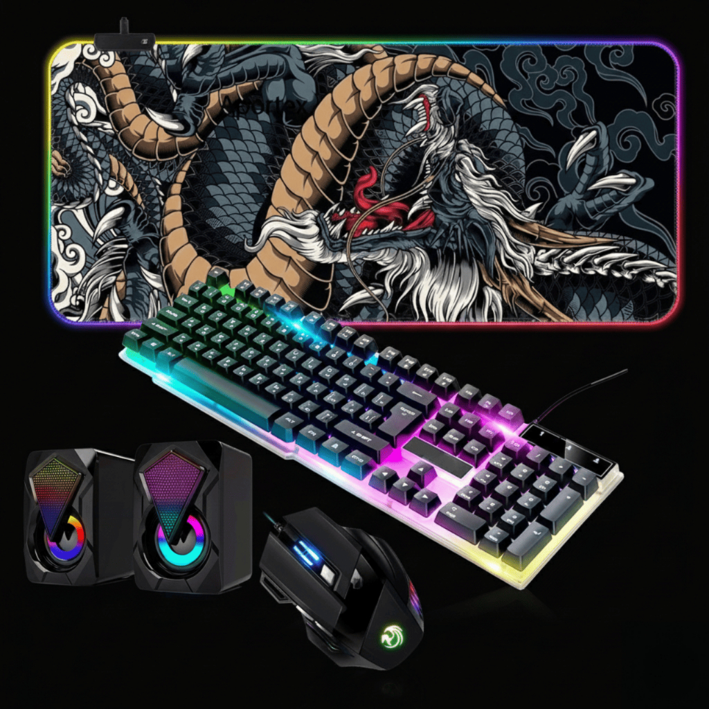 Kit Setup Mouse RGB + Teclado Semimecânico + Mousepad Dragão RGB 80x30cm + Caixa De Som LED em Oferta na Shopee