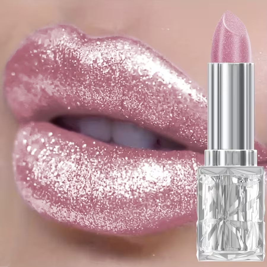 Batom à Prova d'Água - Efeito 24H de Longa Duração, Brilho Perolado e Cintilante, Gloss Labial Rosa Cintilante