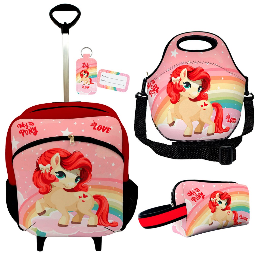 Kit Mochila Escolar Infantil com Rodinhas + Lancheira Térmica + Estojo My Pony Love