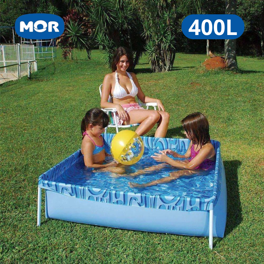 Piscina Infantil 400 Litros Mor Estruturada Quadrada Azul PVC Kit Reparo Verão Quintal Calor Rasa Firme