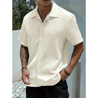 Camisa Masculina Texturizada Com Botões Old Money Estilosa Praia Verão Preto & Off White em Oferta na Shopee