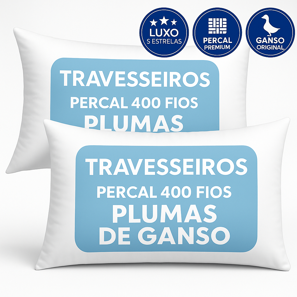 Kit 2 Travesseiros Hotel Luxo 5 Estrelas – Plumas de Ganso – Percal 400 Fios Premium