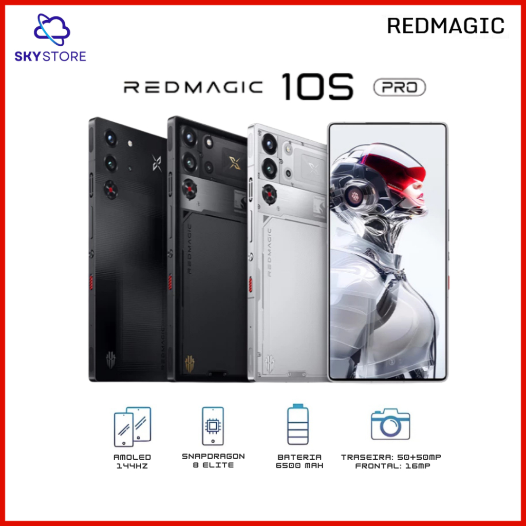 Redmagic 10S Pro 5G,Processador Snapdragon 8 Elite, Bateria 6500 mAh, 256GB/512GB/1TB, 12GB/16GB/24GB RAM, Versão Global em Oferta na Shopee