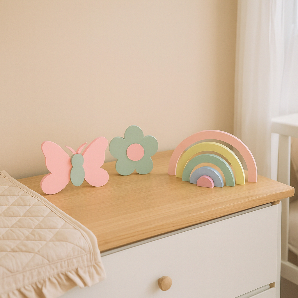 Kit Decorativo Arco Íris Flor e Borboleta Para Prateleira Mesa Decoração bebe Quarto Infantil