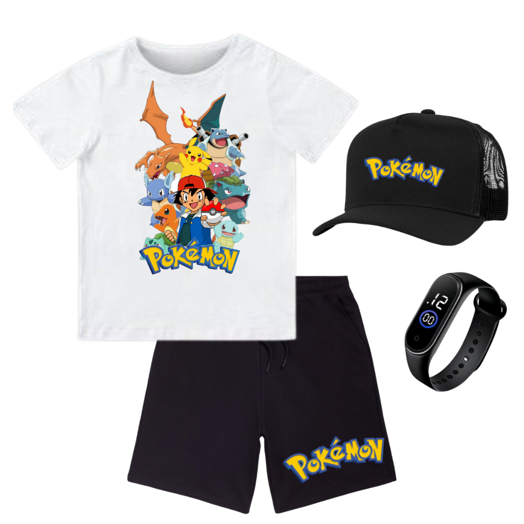 Conjunto infantil  Pokemon Pikachu menino  Camiseta  Bermuda relogio boné Infantil Desenho