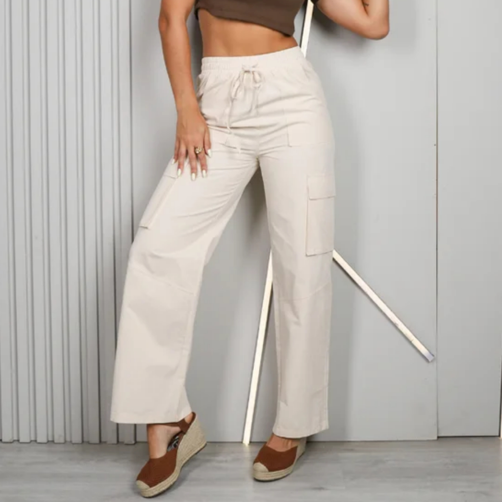 Calça Reta Feminina Slouchy Bolso Cargo Cintura e Bainha com Elástico Viscose Jogger Lycra Elastano