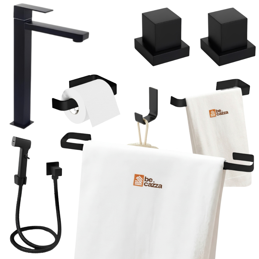 Kit Acessórios Banheiro Completo Preto Fosco com Acabamento Metal Deca Ducha Higiênica Torneira Alta