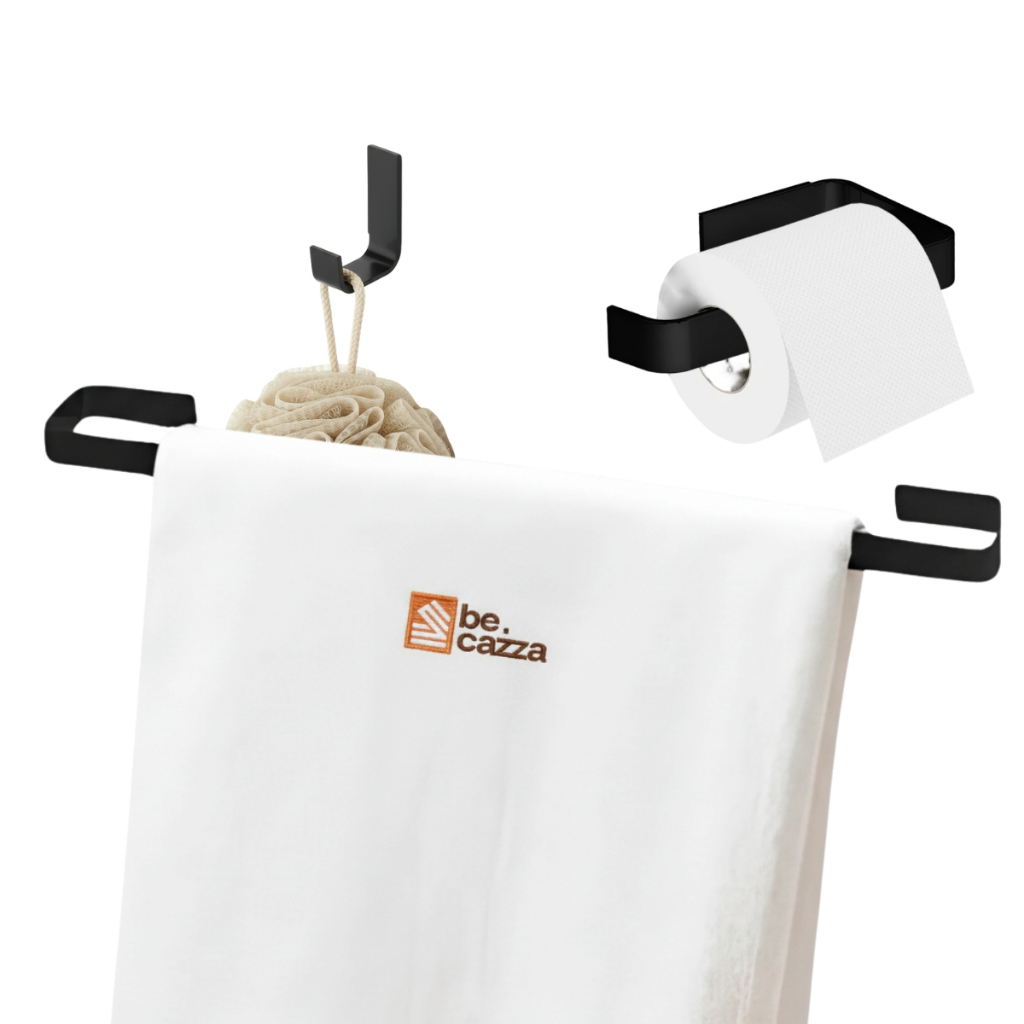 Kit Acessórios Banheiro Quadrado Preto 3 Peças Papeleira Gancho Porta Toalha Banho Lavabo Luxo