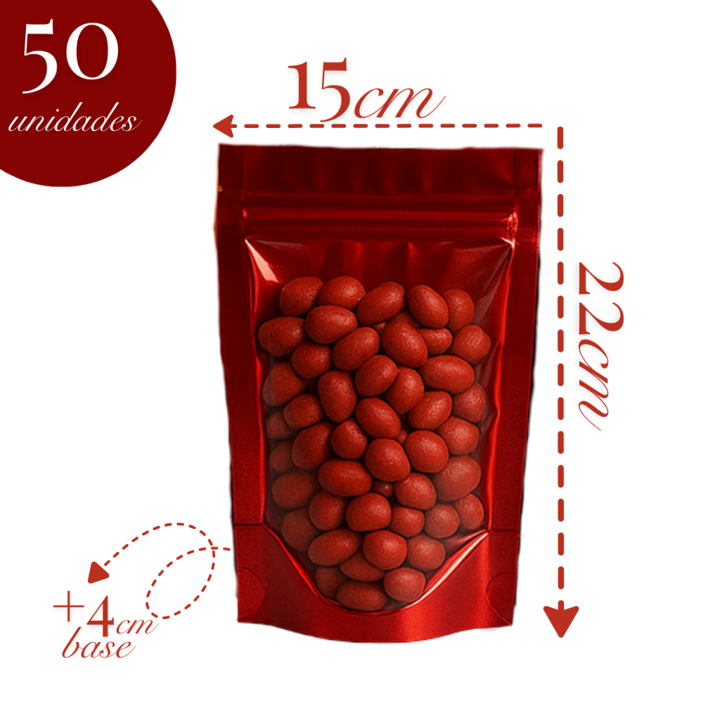 Saco Stand Up Pouch 15x22 C/ 50 Un Zip Visor Vermelho Laminado Metalizado