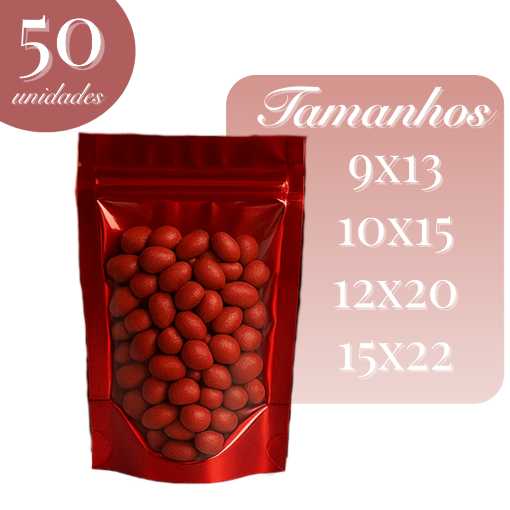 Saco Stand Up Pouch Vermelho Brilhante C/50Un Laminado Metalizado Zip Visor Transparente Hermético em Oferta na Shopee