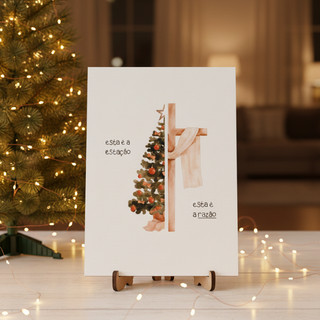 Quadro Decorativo Natalino MDF Oração Fé Jesus Cruz Árvore Natal Decoração Lar Presente Religioso
