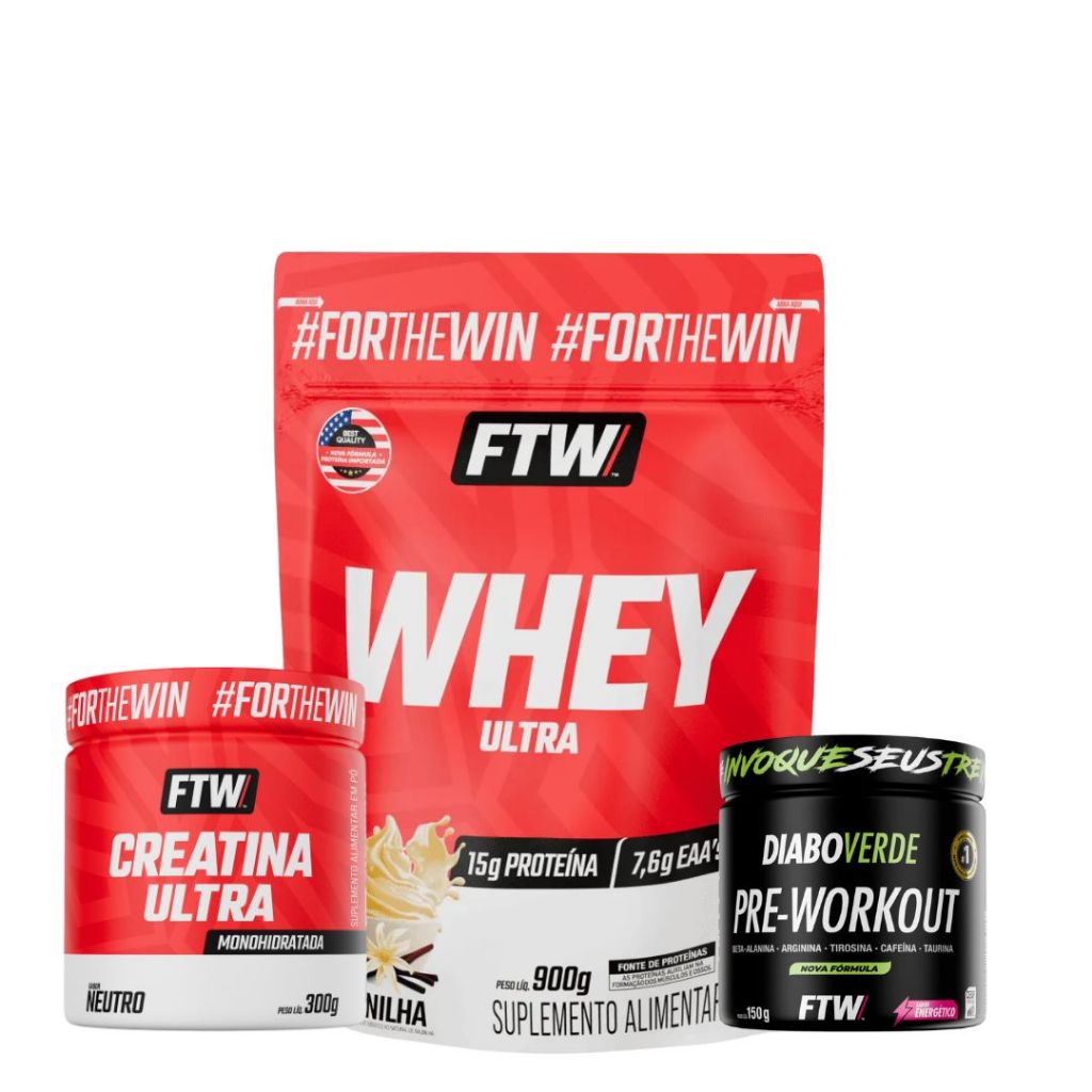 Kit Whey Ultra Baunilha 900gr Refil FTW + Creatina Ultra 300g + Pré Treino Sabor