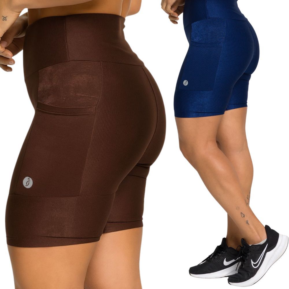 Kit 2 Bermudas Fitness Feminina Cintura Alta Com Bolsos Alta Compressão Academia Suplex
