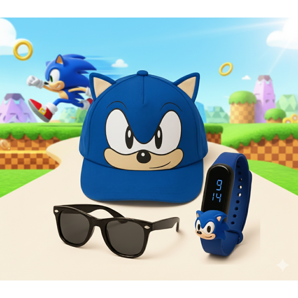 Boné Sonic Infantil – com Orelhinhas + Relógio Digital + Óculos | Presente Perfeito | Pronta Entrega