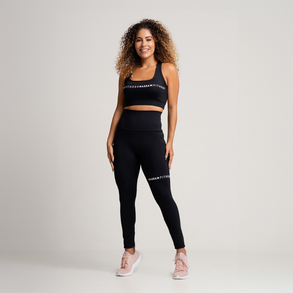 Conjunto Top Com Legging Preto Poliamida Silk Massam Fitness