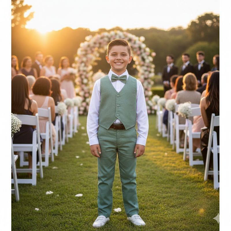 Kit Social Infantil Menino 5 Peças: Colete Calça Verde Camisa Gravata Cinto Festa Casamento Batizado