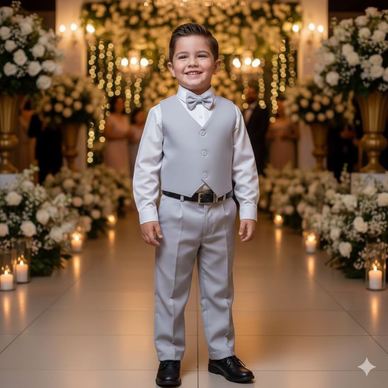 Kit Social Infantil Menino 5 Peças Calça e Colete Cinza Camisa Gravata e Cinto Casamento Batizado