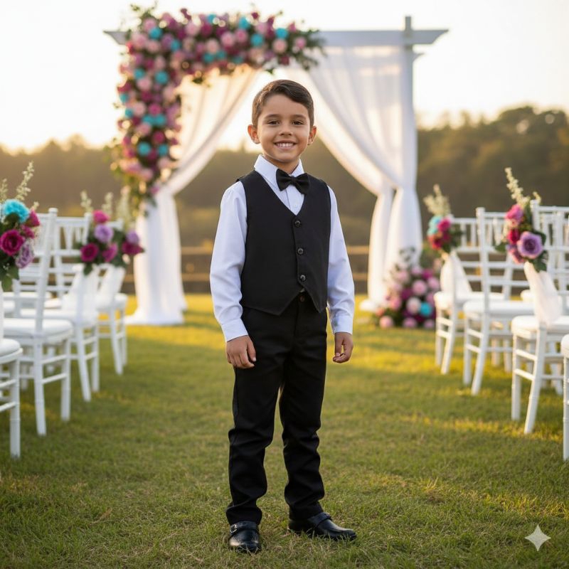 Kit Social Infantil Menino 5 Peças Preto Colete, Calça, Camisa, Gravata e Cinto Festa Casamento