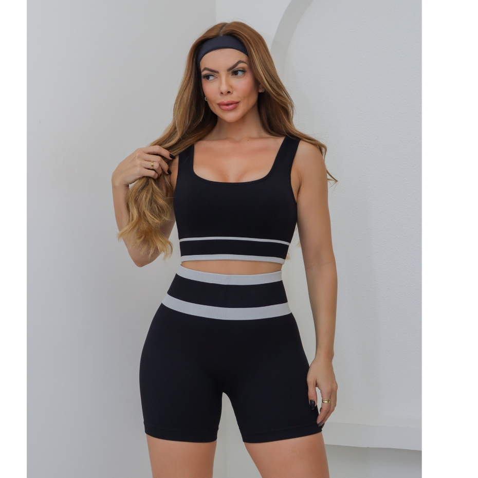 Conjunto Feminino Fitness Canelado Poliamida Elástico Short Esportivo Academia Yoga 3RD SD1851 em Oferta na Shopee