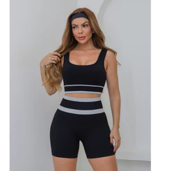 Conjunto Feminino Fitness Canelado Poliamida Elástico Short Esportivo Academia Yoga 3RD SD1851