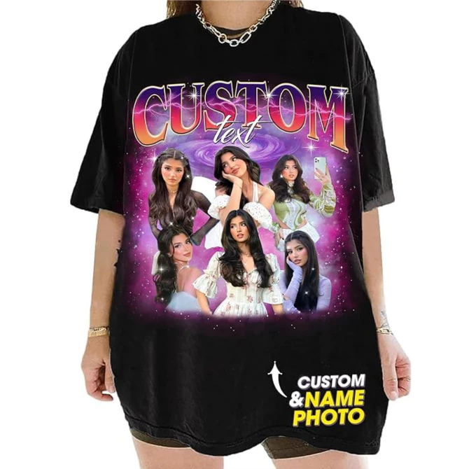 Oversized Bootleg Blusa Com Fotos Nome e Cor Personalizada Estampa Streetwear Estilo Rua Feminina