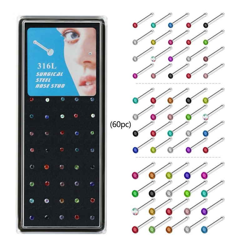 Kit Com 40 Piercing de Nariz Cristal Reto/Dobrar lindo aço inox