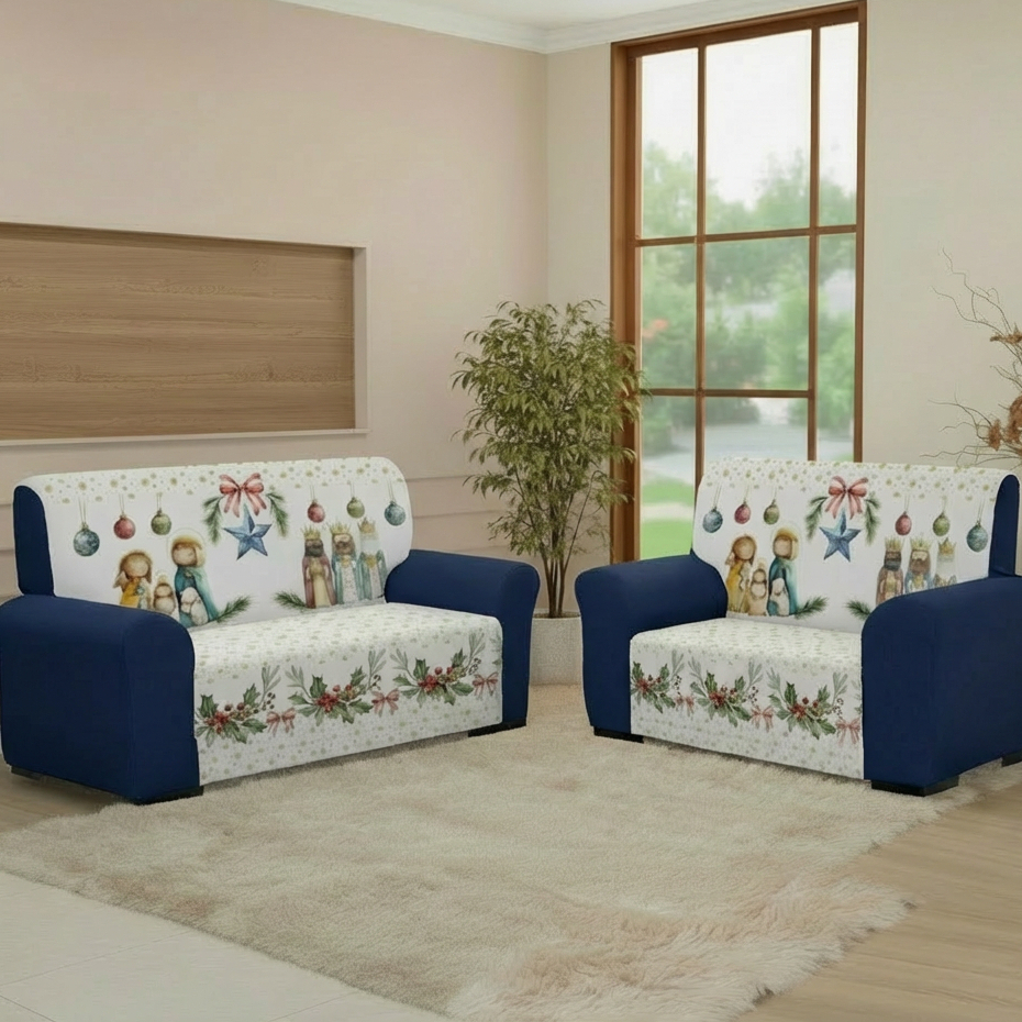 Capa de Sofá 3 e 2 Lugares Coladinha Natal Estampada Exclusiva Decoração Completa