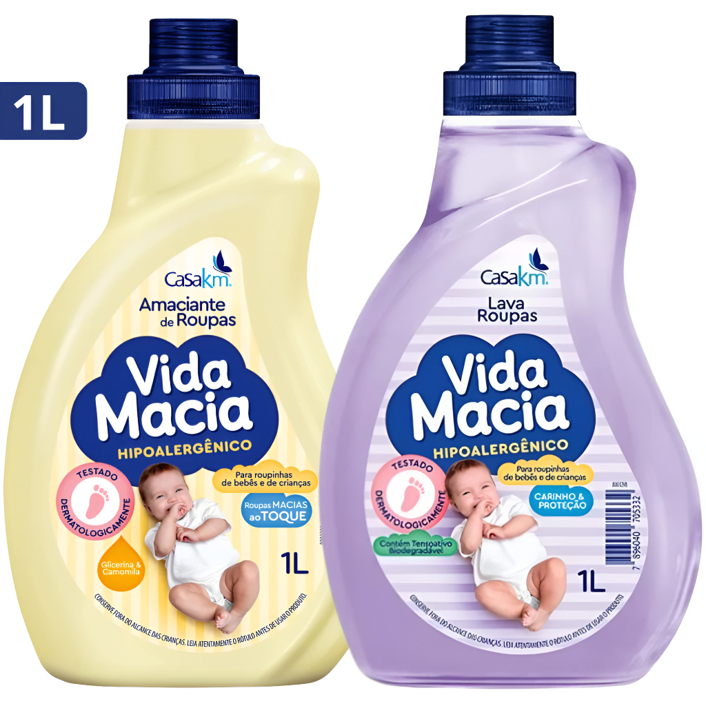 Kit Amaciante de Roupa e Sabão Líquido Lava Roupas Vida Macia Baby 1L Cada