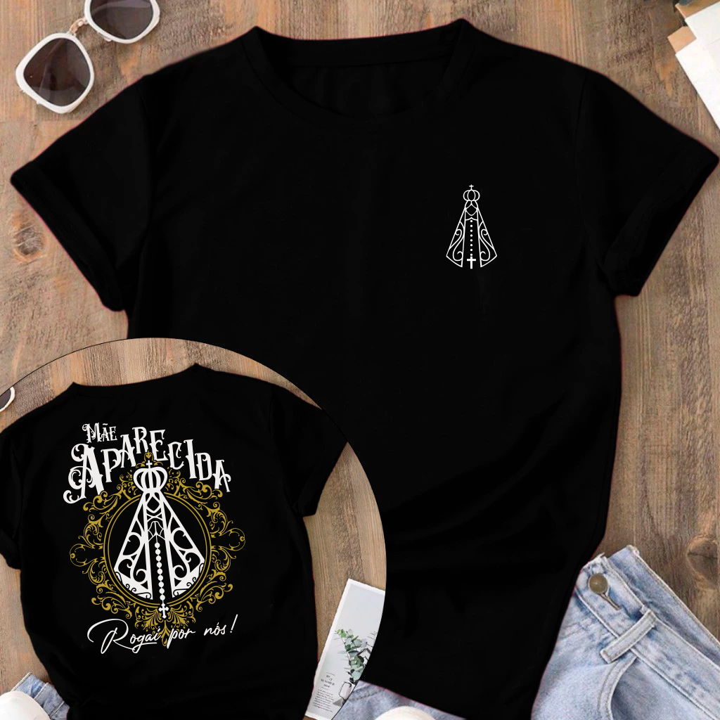 Camiseta Tradicional Adulto Infantil Jesus petalas de rosas Maria Mãe Aparecida Religiosa Catolica Cristã 100% Algodão em Oferta na Shopee