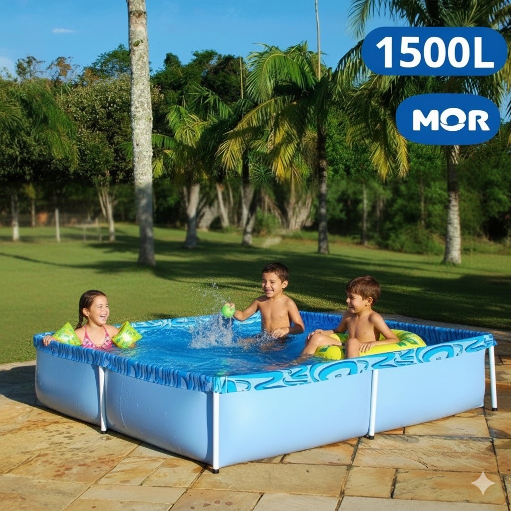 Piscina 1500 Litros Mor Estruturada Kit Reparo Retangular Quadrada Standart Azul Verão Calor Quintal Ferro