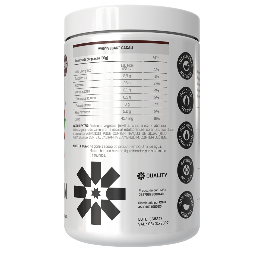 Whey Protein Vegano Pote 500g Quality - Vegan Protein - 25g de proteína por dose - Proteína vegetal - Proteina Vegana