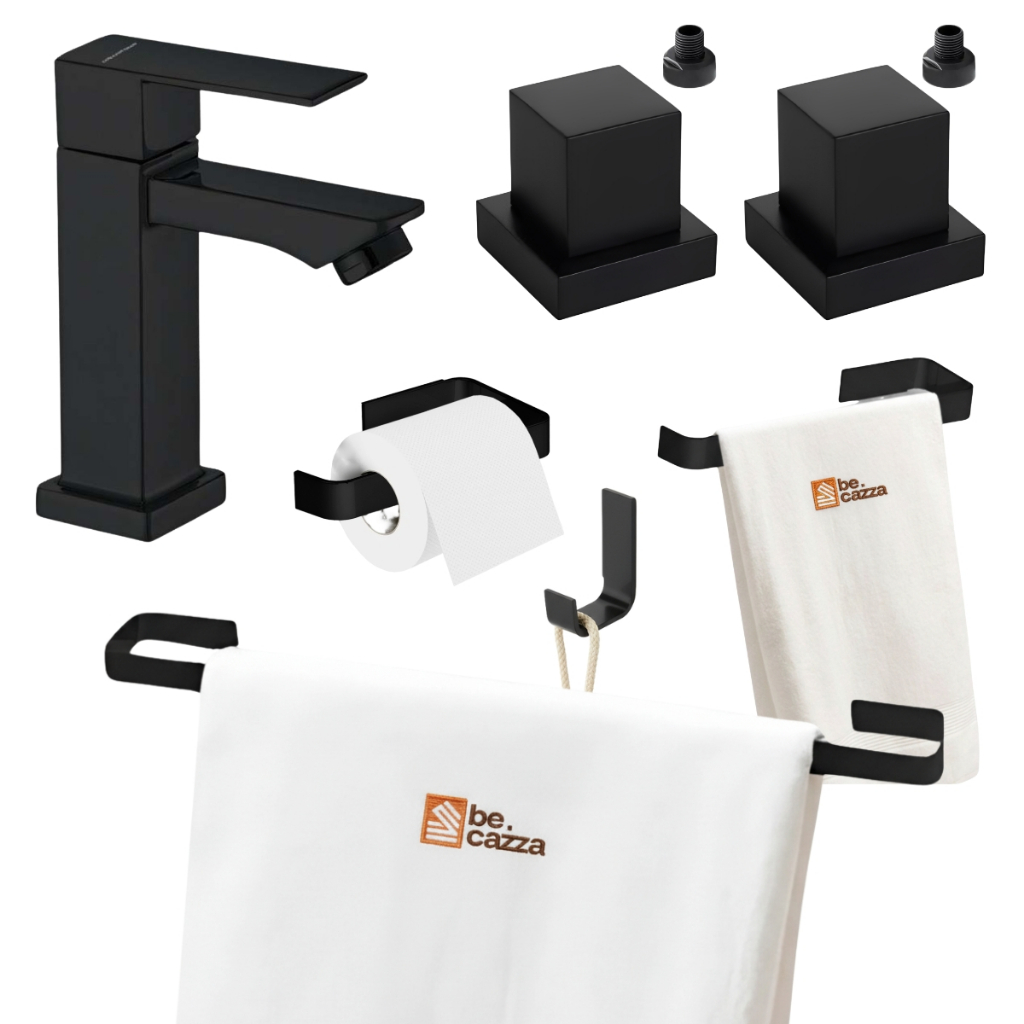 Kit Para Banheiro Acessórios Preto Fosco + Torneira + Acabamento Registro Docol 1/2 3/4 Metal
