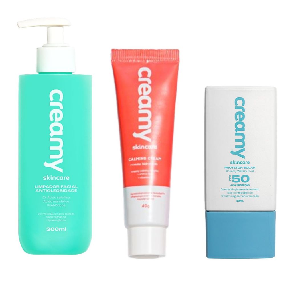 Kit Calming Cream + Protetor Solar Watery Fluid FPS 50 + Limpador Antioleosidade em Oferta na Shopee