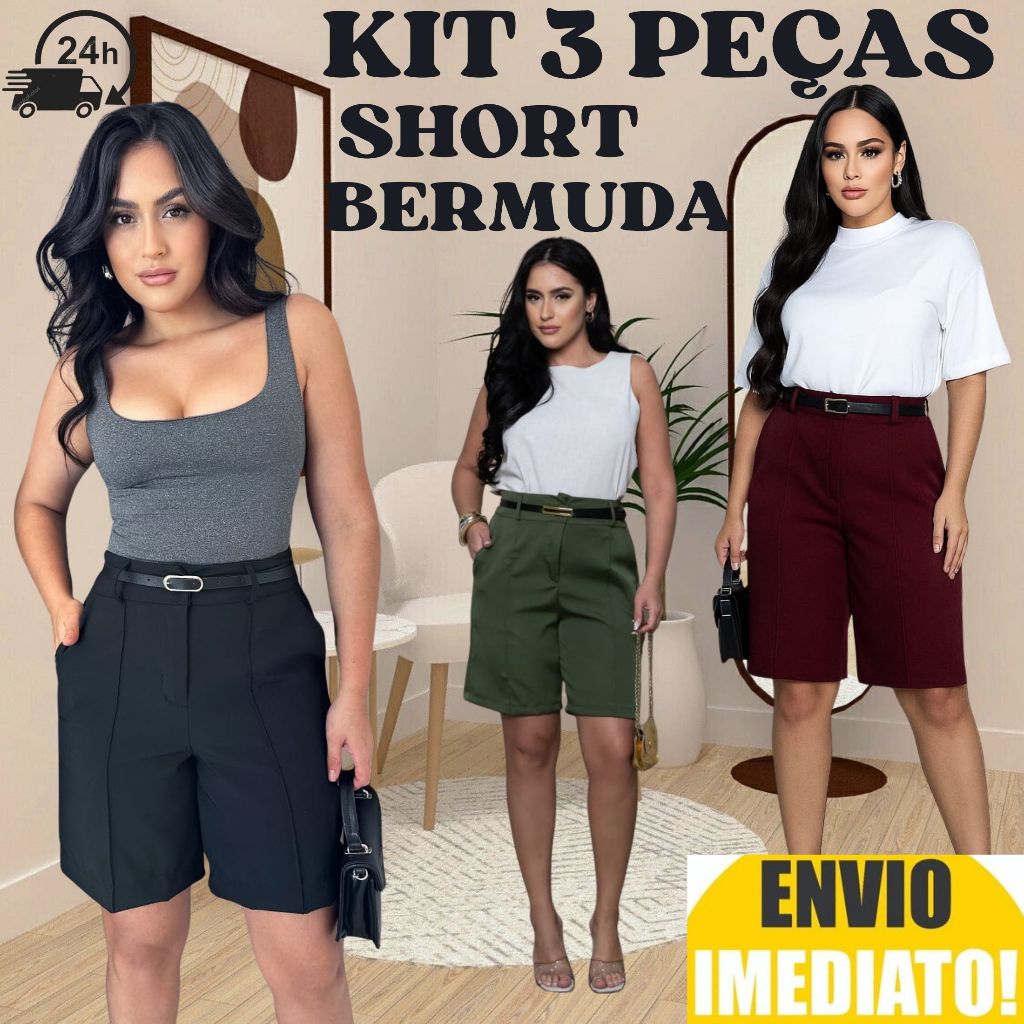 Kit 3 Short Bermuda Alfaiataria Feminino ENVIO IMEDIATO em Oferta na Shopee