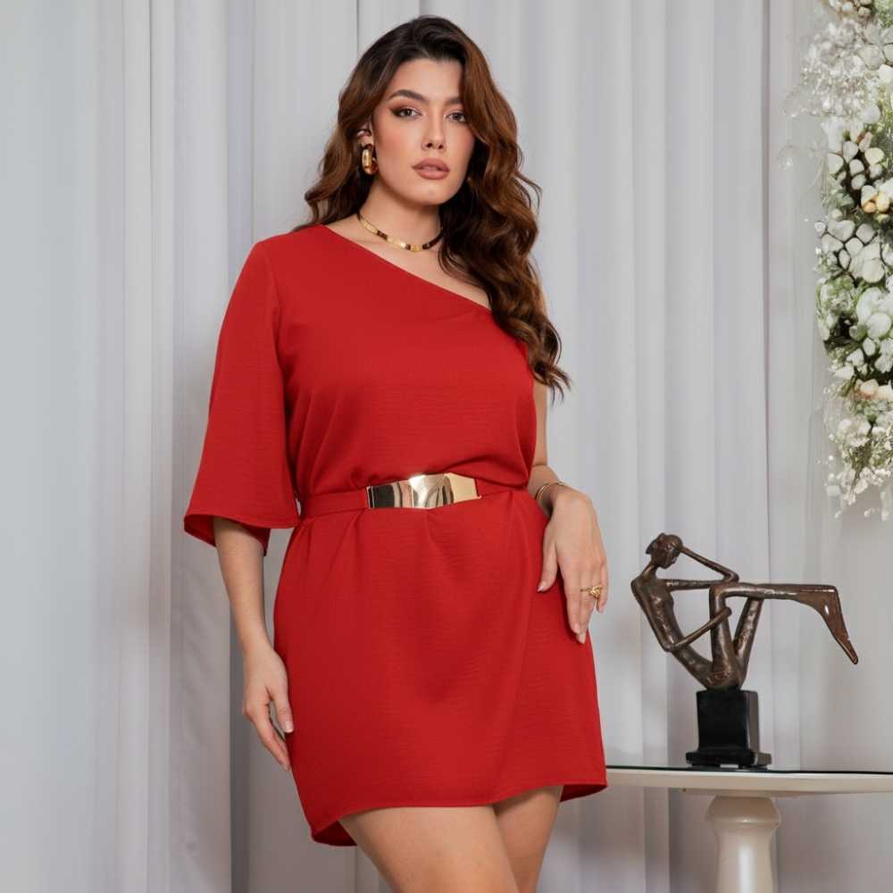 Vestido Curto Ombro Único Manga Sino Luxo Festa Elegante