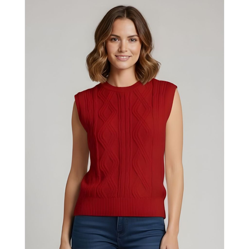 Blusa Colete Feminino em Tricot Trançado Regata Tricô Gola Redonda Malhada