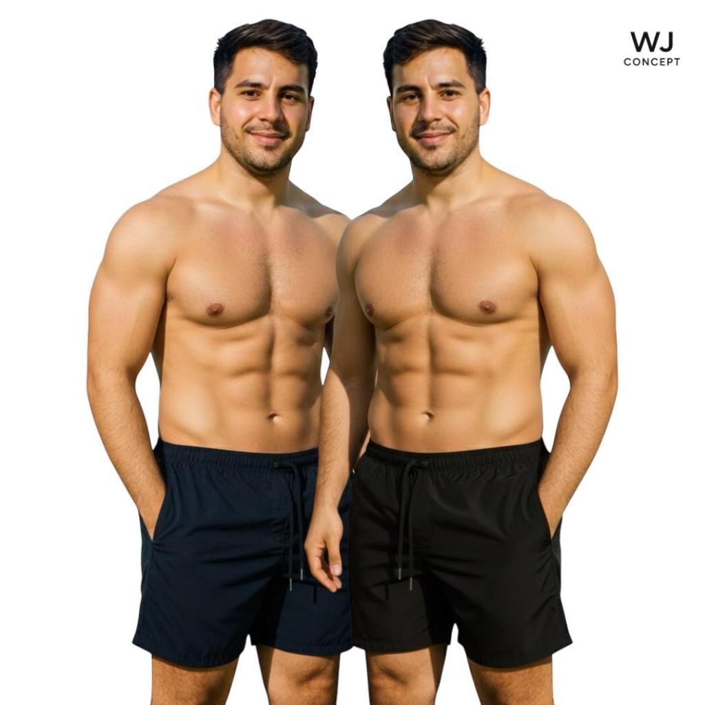 Kit 2 Short Masculino Liso Academia Bermuda Mauricinho Corrida Tactel com Elastano Preto Dia a Dia Azul Praia