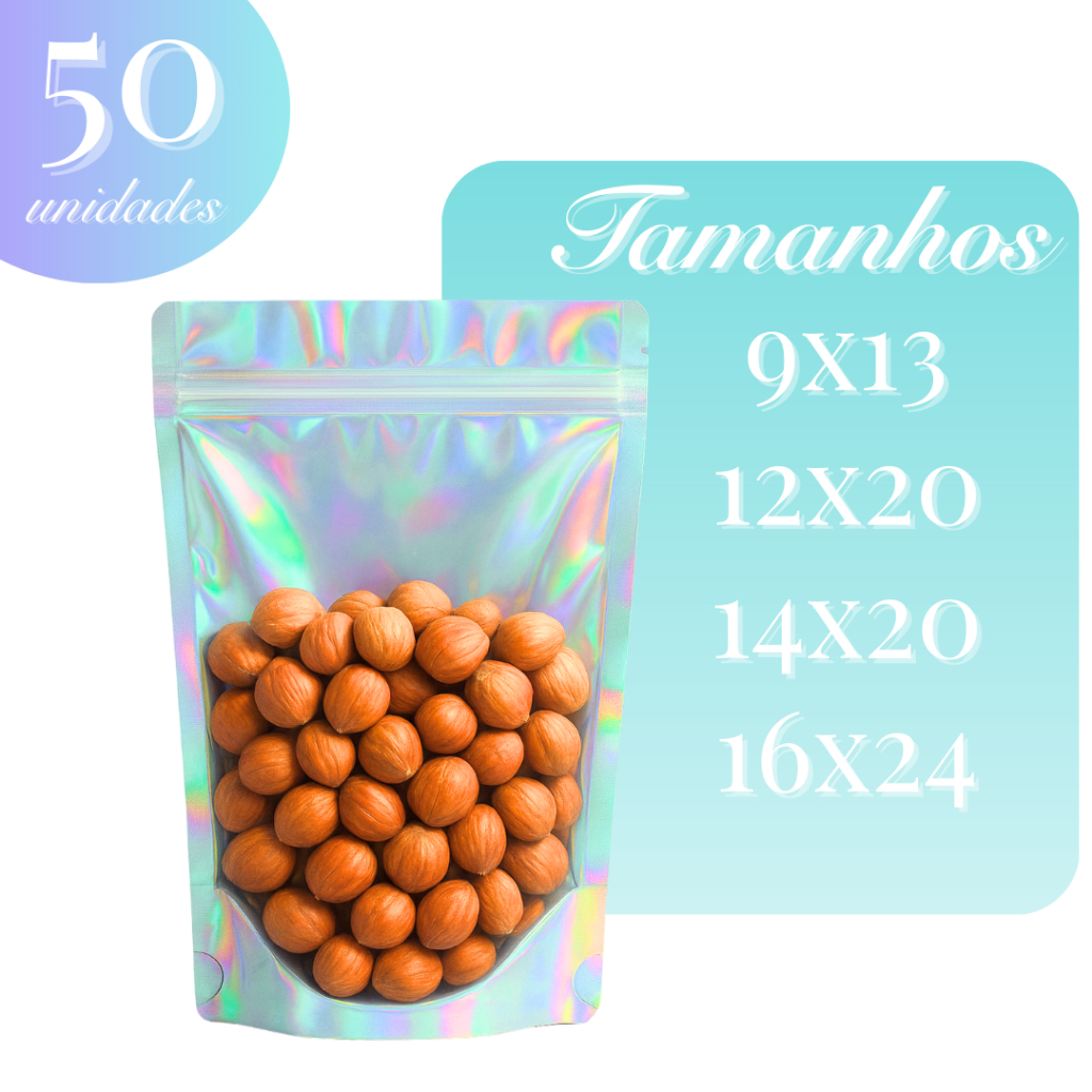 Saco Stand Up Pouch Holográfico Brilhante C/50 Un Zip Visor Transparente Hermético em Oferta na Shopee
