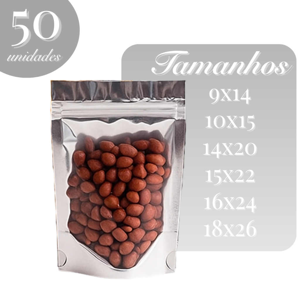Saco Stand Up Pouch Prata Brilhante C/50Un Laminado Metalizado Zip C/ Visor Hermético Impermeável em Oferta na Shopee