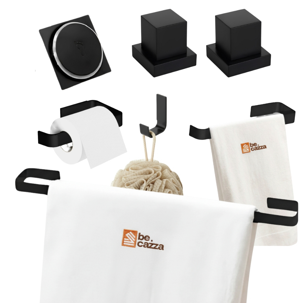 Kit Acessórios Banheiro Preto Quadrado Acabamento Registro Deca 1/2 3/4 Ralo Click Veda Cheiro