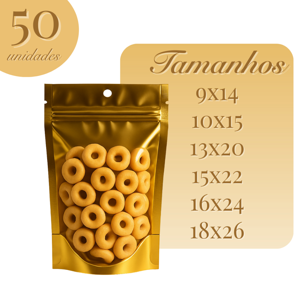 Saco Stand Up Pouch Dourado Brilhante C/50 Un Laminado Metalizado Zip Visor Transparente Hermético em Oferta na Shopee