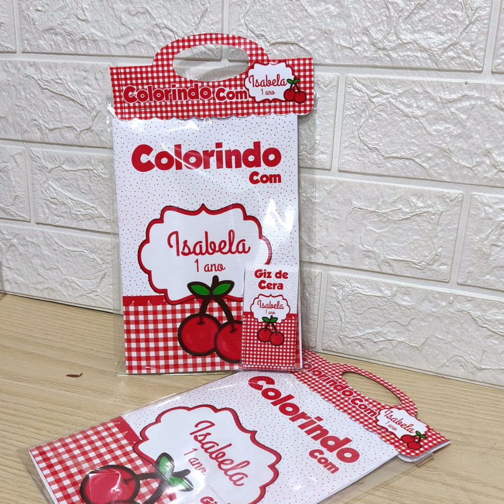 Kit Colorir + giz de cera / Livrinho Revistinha de Colorir / Cerejinha vermelha Cereja / Lembrancinha   / Kit pintura