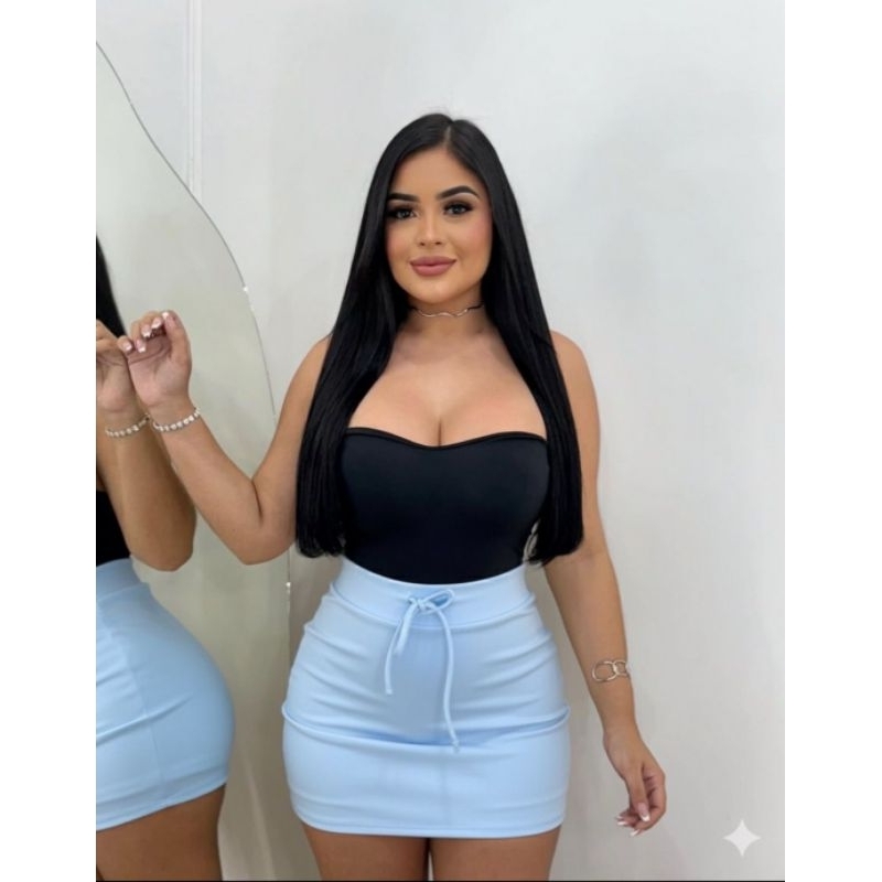 Short Saia Feminino Neoprene Cordinha Cintura Alta Tendência Verão