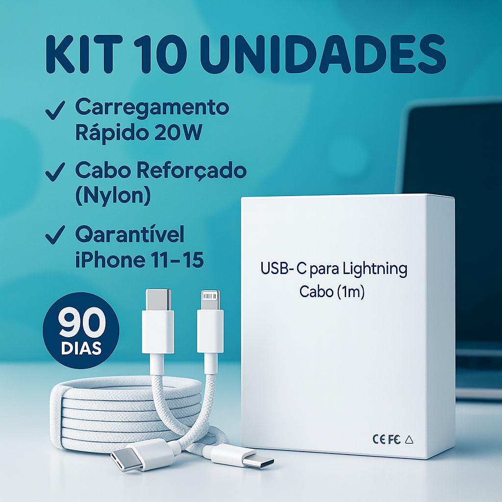 Kit  10, 15 ou 20 Cabos USB-C Iphone Turbo Lightning Reforçado Flexivel 1 metro
