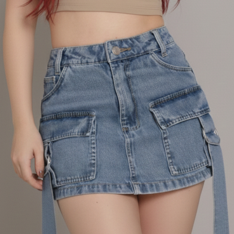 Short Saia StreetWear Cargo Cintura Alta Jeans Feminino